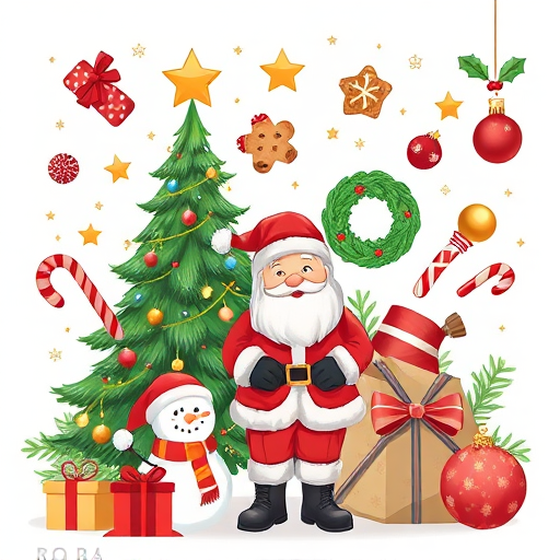 Create a high-resolution illustration of festive holiday icons including a Christmas tree, Santa Claus, a snowman, a wreath, a gift box, a candy cane, a cookie, holly leaves, and an ornament, using a Canon EOS R5 with a 50mm lens, f/1.8 aperture, ISO 100, in soft natural lighting to enhance details and colors for a cheerful holiday theme.