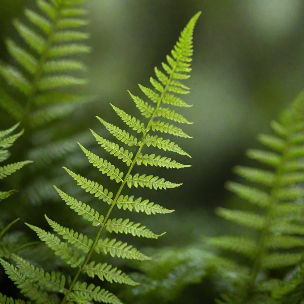 macro shot of green fern leaves with a blurred background, ISO 200, f/2.8, 1/100 sec, natural lighting, DSLR camera, shallow depth of field