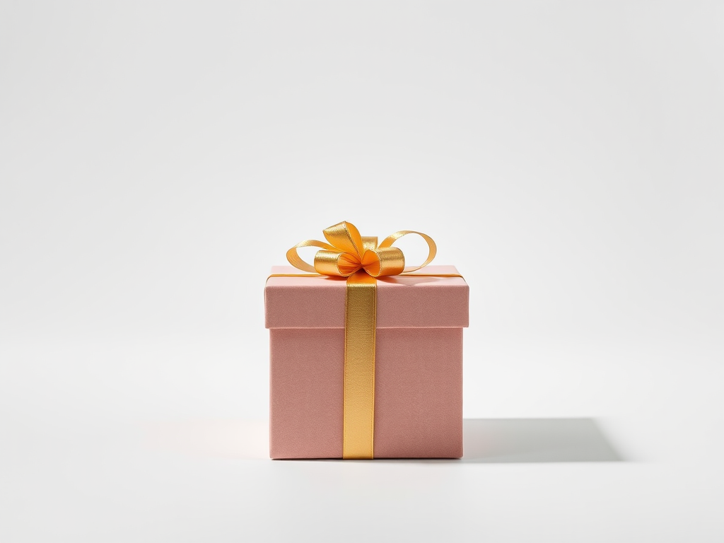 Create a high-resolution image of a stylized gift box with a ribbon on top, captured at a 50mm focal length, f/2.8 aperture, ISO 100, in a well-lit studio with soft lighting for smooth shadows, using a DSLR camera with a shallow depth of field.