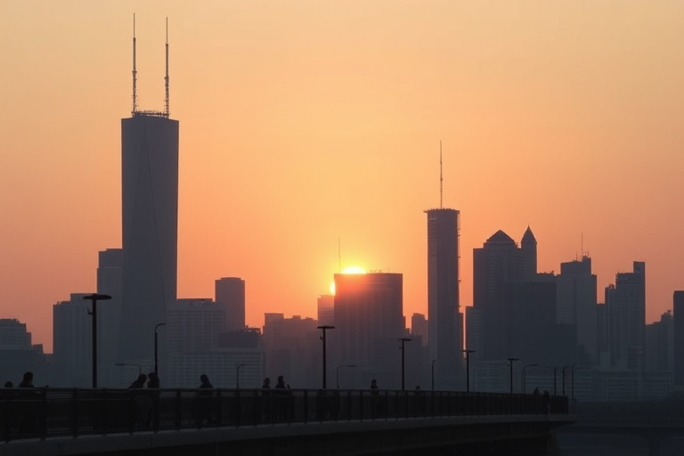 Generate a silhouette cityscape at sunset with a pastel gradient sky, include a large sun setting behind skyscrapers, with pedestrians on a bridge in the foreground, shot with a DSLR camera, 50mm lens, aperture f/8, ISO 100, low angle view, soft focus for a dreamy effect.