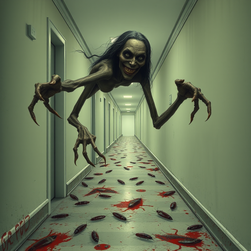 a crooked woman with long arms and a creepy smile is crawling along a long white corridor and you can also see cockroaches in it there is a creepy atmosphere creepy art style