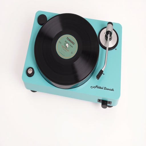 high-quality image of a turquoise turntable with a vinyl record, top-down view, 50mm lens, f/2.8 aperture, ISO 100, soft studio lighting, clean minimalist background