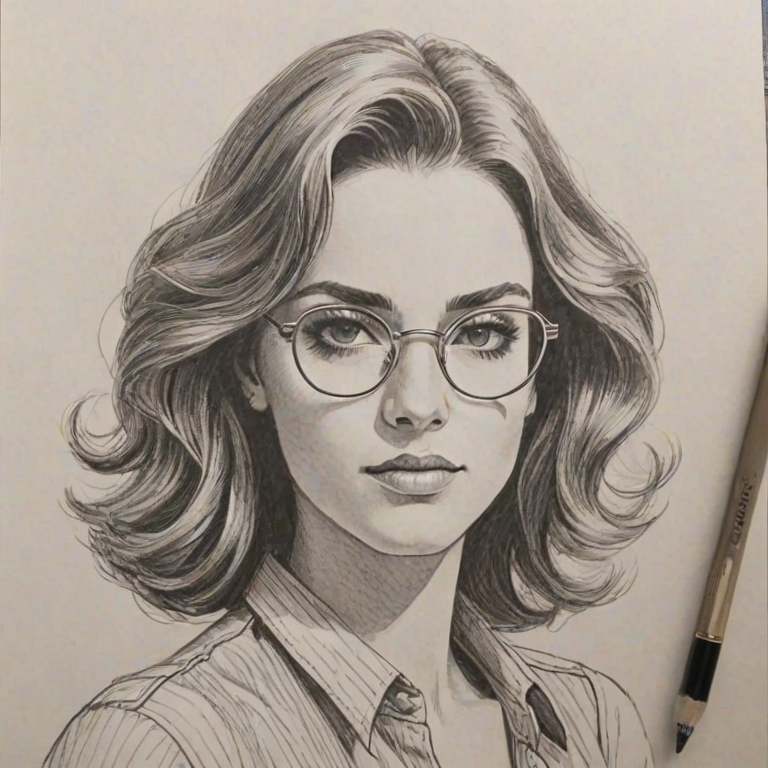 Splendid JoJo, pencil sketch, portrait of Fascinating woman 1977s in glasses, hair style beatnik, outline, clear lines, fine lines, 8k
