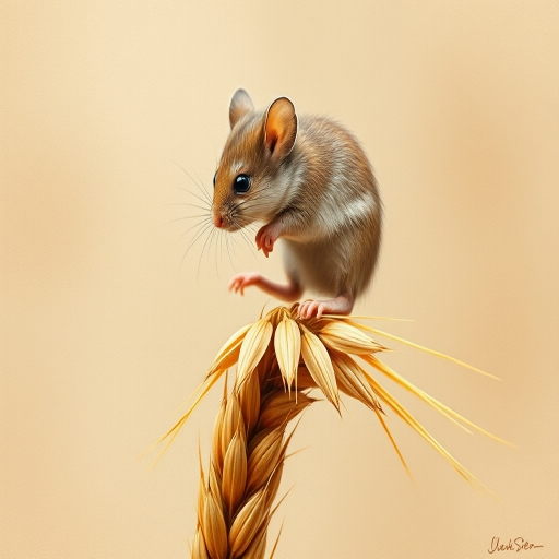 Soft, muted Alcohol Ink with ebru effect background image of tiny whimsical mousey, who climbed high on the top of a golden rye ear.