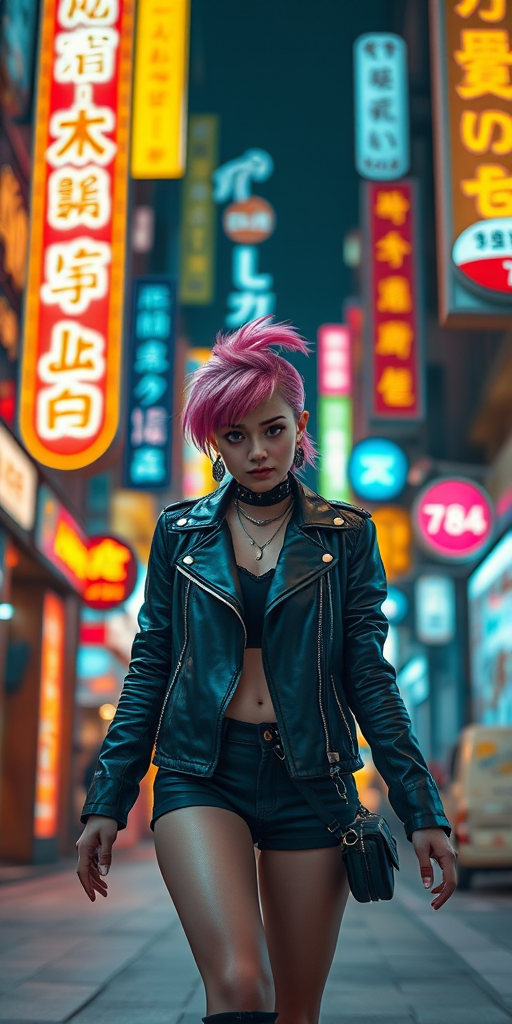 Create a vibrant urban night scene depicting a young female character with pink spiky hair, wearing a black leather jacket and accessories, walking confidently through a bustling neon-lit street filled with glowing signs, with a shallow depth of field using a Canon EOS R5 at ISO 400, f/2.8, 50mm lens, in cinematic style.