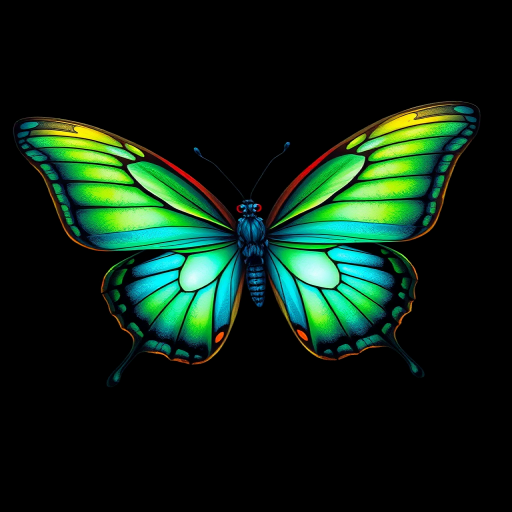 Create a vibrant illustration of a butterfly with intricate green and blue wings, set against a black background, with a macro view, using a digital camera style at a 50mm lens, aperture set to f/2.8, ISO 100, and a shutter speed of 1/200s for enhanced detail and clarity.