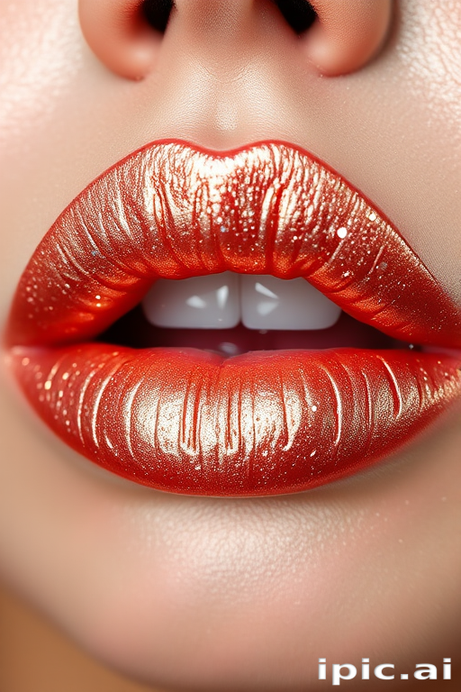 Shimmering rose gold metallic lips with a holographic sheen and multidimensional sparkle, named "Celestial Champagne Kiss"