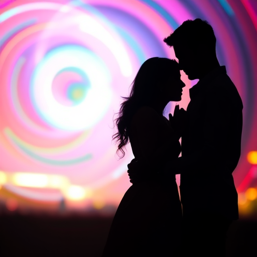 Create an abstract silhouette image of a couple embracing with vibrant swirling light patterns in the background, captured with a DSLR camera at f/1.8, ISO 200, 50mm lens, using a soft focus style to enhance the ethereal quality.