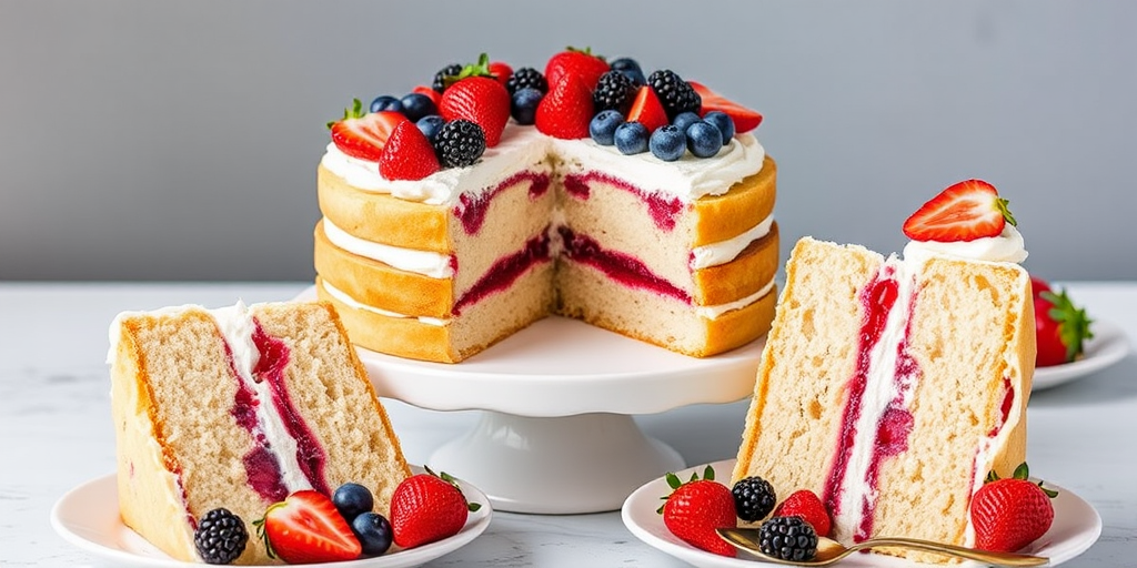 A beautifully layered vanilla cake with fresh strawberries, blueberries, and blackberries on top, decorated with whipped cream, sitting on a white cake stand, with a slice served on a plate alongside additional berries and a spoon.