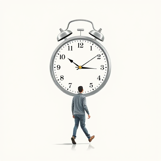 A surreal illustration of a person walking, with a large clock as their body, minimalistic white background, high contrast, camera settings: f/2.8, ISO 100, shutter speed 1/500, camera view: eye-level, camera style: clean and modern, camera type: DSLR.