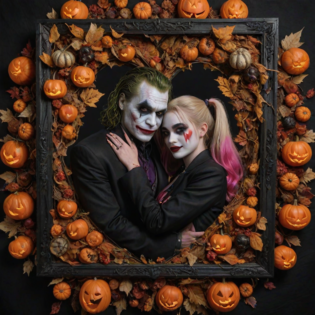 The Joker, neat, wearing a black suit and a beautiful Harley Quinn with long hair, both romantic, hugging and cuddling in the middle of a neon linen black heart frame decorated with dead leaves, bats, and small pumpkins, with a label at the bottom that reads 'Mad Love' made of linen, in a photo realistic style.