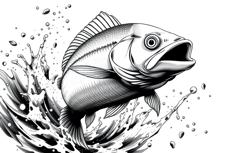Create a high-resolution image of a detailed black and white illustration of a fish jumping out of water with a focus on textures and shading, using a macro lens at f/2.8, ISO 100, 1/250 second shutter speed, in natural light for enhanced clarity and sharpness.