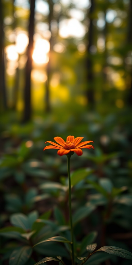 capture a single vibrant orange flower in a lush forest during golden hour with soft bokeh in the background, using a Canon EOS R5, 50mm f/1.2 lens, aperture set to f/2.8, ISO 100, shutter speed 1/200s, focus on the flower with a shallow depth of field