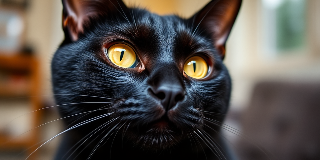 capture a close-up of a black cat with striking yellow eyes in a well-lit room with soft focus, using a DSLR camera with a 50mm lens, f/1.8 aperture, ISO 200, and a shutter speed of 1/200s to enhance detail and reduce noise