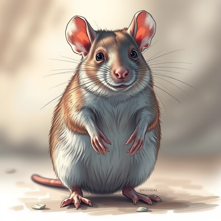 Generate a highly detailed illustration of a standing rat, capturing its fur texture and anatomy, using a high-resolution camera setting of 50mm lens, f/2.8 aperture, ISO 100, in natural light, with a close-up view and a realistic illustration style.
