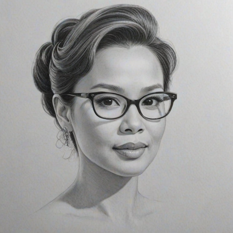 Elegant Lea Salonga, pencil sketch, portrait of Alluring woman 1953s in glasses, hair style beatnik, outline, clear lines, fine lines, 8k