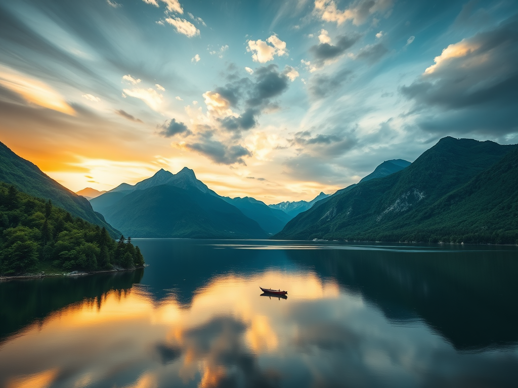 Generate a serene landscape featuring a small boat on a still, reflective lake surrounded by lush, green mountains with sharp peaks under a dramatic sky at sunset, shot with a DSLR camera, 24mm lens, f/11 aperture, ISO 100, and a polarizing filter for enhanced color vibrancy and clarity.