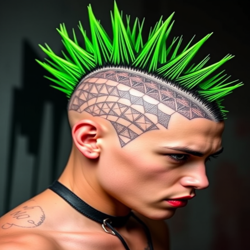 Edgy neon green mohawk with shaved sides featuring intricate geometric patterns, spiked to perfection known as "Cyber Punk Rebellion" radiating boldness and defiance