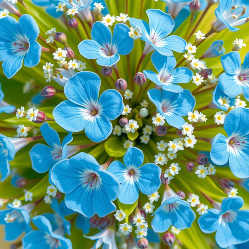 regenerate a vibrant floral pattern featuring large blue flowers and small white flowers, macro lens, f/2.8 aperture, 50mm lens, natural light, overhead view, high resolution