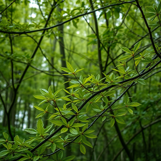 generate a high-resolution image of an intricate pattern of green leaves intertwined with branches in a lush forest setting, using a DSLR camera with a 50mm lens, aperture set to f/2.8, ISO 200, and a shallow depth of field to enhance detail and texture.