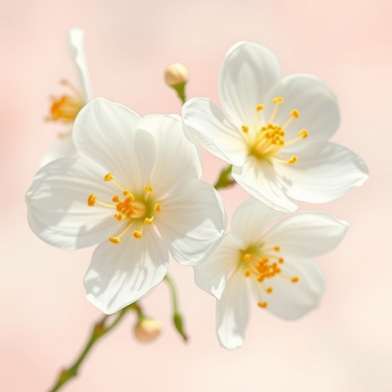 create a high-resolution digital illustration of delicate white flowers with gold accents on soft pastel backgrounds, shot with a Canon EOS R5, 50mm lens, f/2.8 aperture, ISO 200, in bright natural light, emphasizing texture and detail.