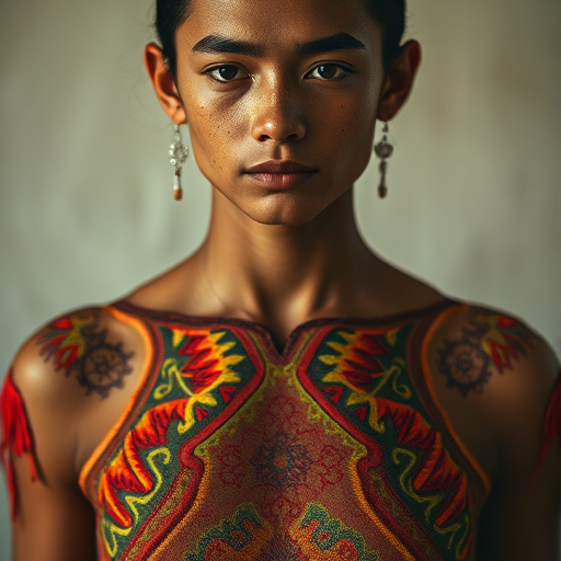 Face, shoulders, chest covered in openwork Maya embroidery. Raw, unedited image.
