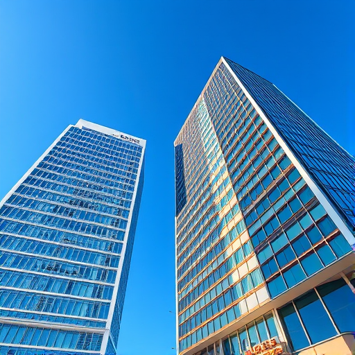 Create a high-resolution digital illustration of two modern skyscrapers side by side, with a clear blue sky background, using a wide-angle lens, at f/8 aperture, 1/200 sec shutter speed, in a 3D rendering style.