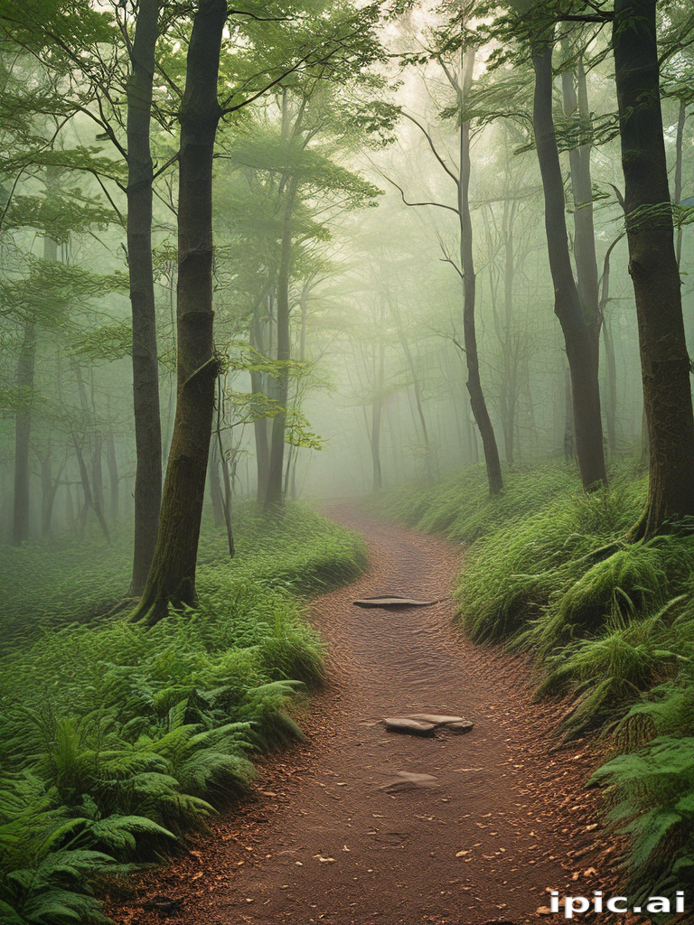 Serene Forest Pathway Through Lush Greenery in a Misty Landscape