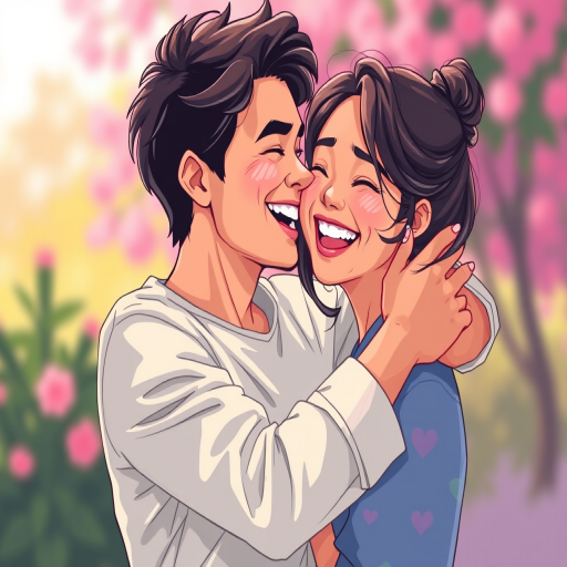 Create a digital illustration of a couple embracing, capturing joyful expressions, bright colors, using a high-resolution setting with a 35mm lens, f/1.8 aperture, natural lighting, and a soft-focus background for enhanced image quality.