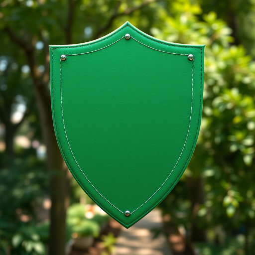Create a high-quality image of a green shield-shaped banner with a textured surface, using a DSLR camera at f/2.8 aperture, ISO 100, and a focal length of 50mm, shot in soft natural lighting from a frontal view.