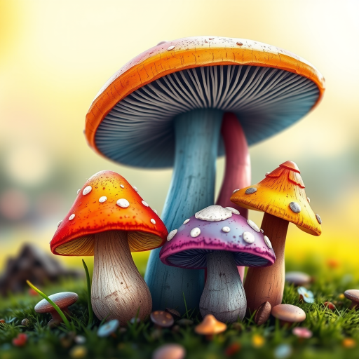 Create a vibrant illustration of five whimsical mushrooms in various colors and shapes with a soft focus background, using a DSLR camera, f/2.8 aperture, 50mm lens, ISO 100, natural light, and a macro view to enhance detail and texture.