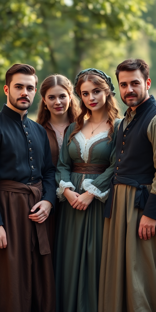 portrait of four individuals in historical clothing standing together, captured in natural light, using a Canon EOS R5 with a 50mm lens at f/1.8, ISO 100, with a soft focus background to enhance the subjects.