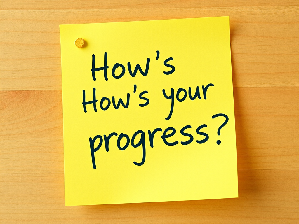Yellow post-it note, hand written in Yellow pen text "How's your progress??", 3d, hd, hyper realistic,