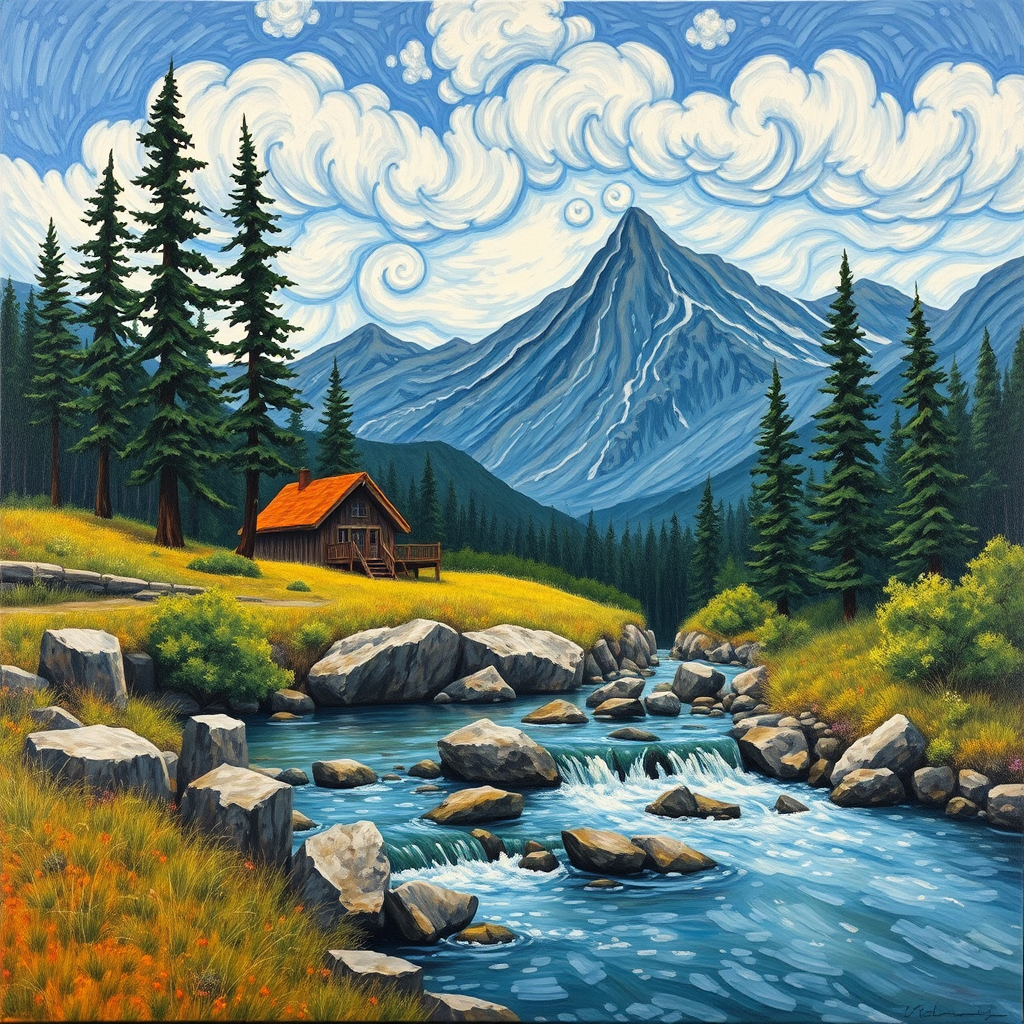 This Van Gogh-inspired painting depicts a peaceful scene of a small cabin located near a flowing river. The scene is surrounded by lush vegetation, including tall trees and rocky terrain. In the background, majestic mountains rise under a sky filled with rolling clouds. The river gently cascades over the rocks, adding a sense of movement and tranquility to the scene. The use of vibrant colors and detailed brushstrokes create a sense of depth and harmony in the natural setting.