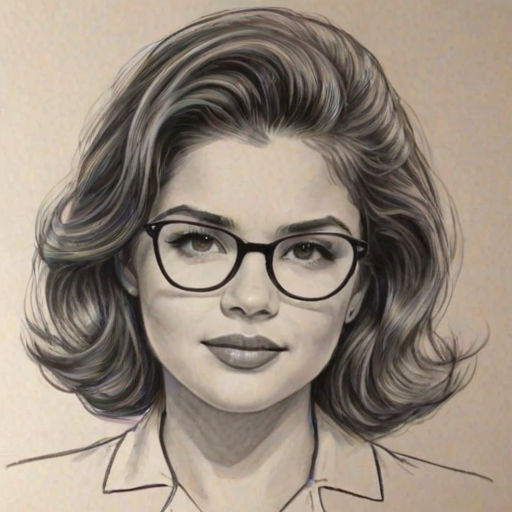 Appealing Danielle Campbell, pencil sketch, portrait of Delightful woman 1954s in glasses, hair style beatnik, outline, clear lines, fine lines, 8k