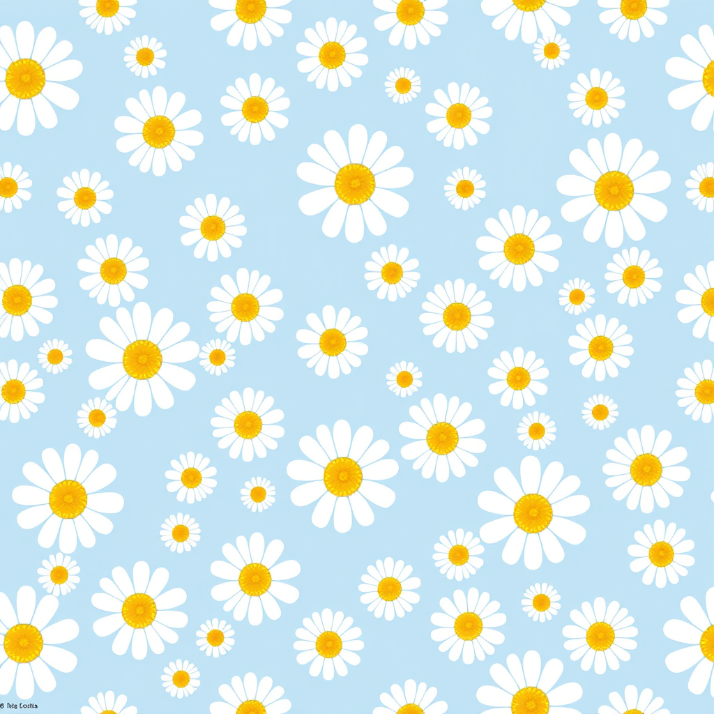 Create a seamless pattern featuring a light blue background filled with white daisies. Each daisy should have a bright yellow center and a simple, clean design. The flowers should be evenly spaced, creating a harmonious and cheerful floral pattern.