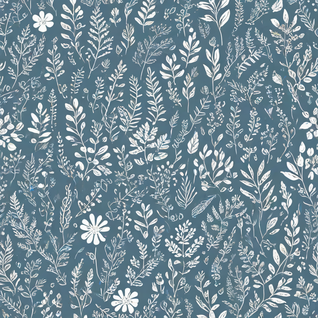 Create a seamless pattern featuring a variety of whimsical hand-drawn floral and leaf designs on a soft blue background. Incorporate different shapes and sizes of plants, including flowers, ferns, and abstract foliage, all outlined in white. The overall style should be playful and organic, with a balanced distribution of elements throughout the composition.