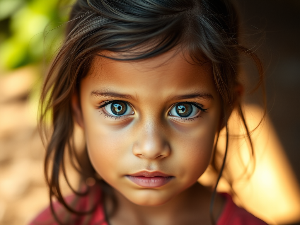 portrait of a young girl with expressive eyes, natural light, shallow depth of field, f/1.8, 50mm lens, soft focus background, captured with a full-frame DSLR camera