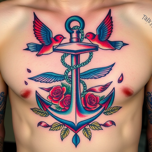 Bold traditional American tattoo named "Sailor's Fortune" with vivid red and blue ink depicting a nautical scene of an anchor wrapped in roses and surrounded by swallows, representing adventure and loyalty on the chest