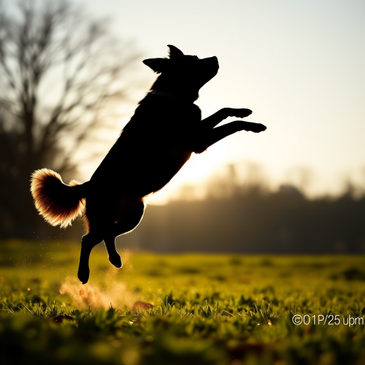 Generate a high-quality silhouette of a jumping dog, using a Canon EOS R5 with a 85mm f/1.4 lens, aperture set to f/2.8, ISO 100, shot in natural light at a slight upward angle.
