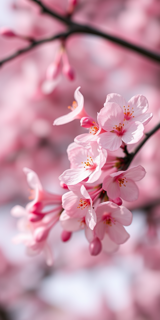 Close-up shot of blooming cherry blossoms in soft pink against a blurred background, aperture f/2.8, ISO 100, shutter speed 1/200s, 50mm lens, natural light settings, DSLR camera.