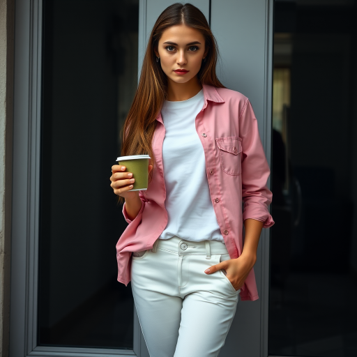 A young woman with long brown hair stands with her back against a glass door, wearing a pink button-down shirt over a white T-shirt and white pants, holding a cup of coffee in her right hand. The woman is looking directly at the viewer, her expression is neutral. Her right hand is tucked into the pocket of her pants while her left hand holds the coffee cup. The lighting is soft and natural, highlighting her features. The background is blurred, with the focus on the woman. The photo is taken from a slightly elevated perspective, showcasing the woman's full figure.