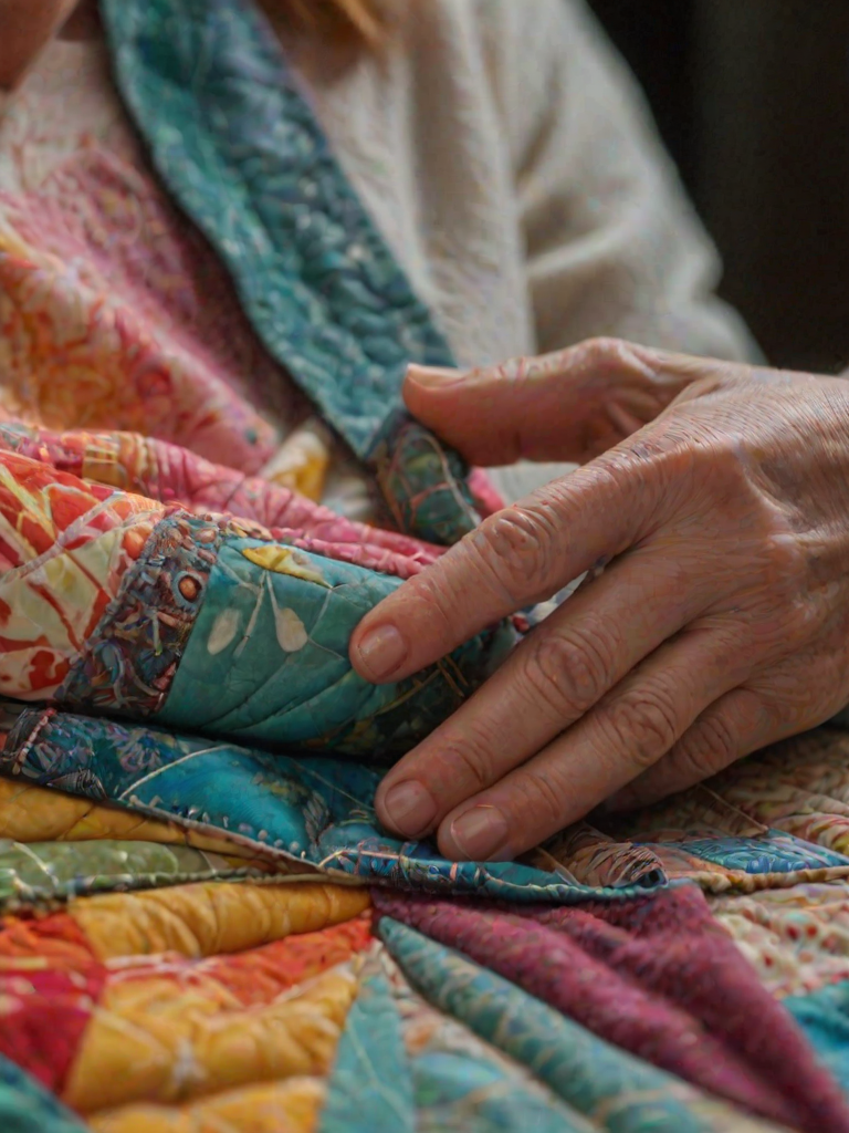Close-up of a womanes hands stitching a quilt, colorful fabrics laid out around her, and soft light illuminating the intricate patterns she is creating.