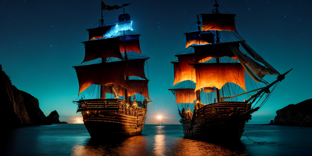 pirate ship at night with lighted windows coming into a cove, dark and ...