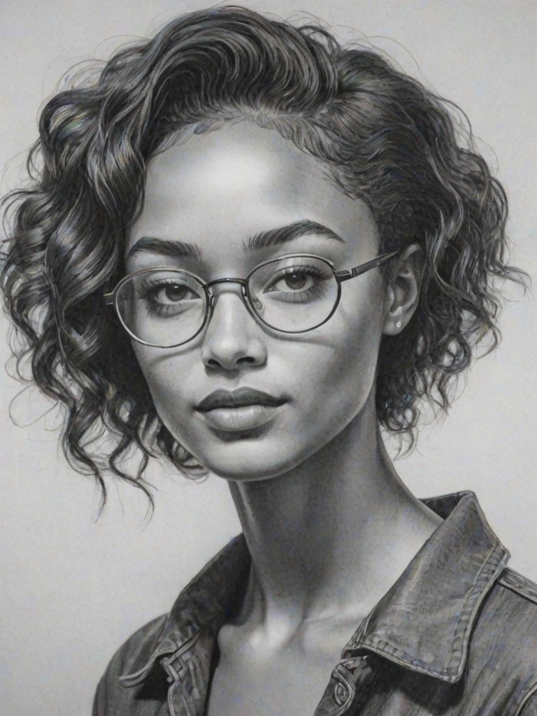 Radiant Tati Gabrielle, pencil sketch, portrait of Enchanting woman 1964s in glasses, hair style beatnik, outline, clear lines, fine lines, 8k