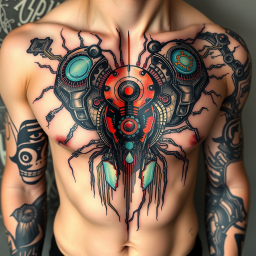 Biomechanical tattoo called "Cybernetic Symphony" blending organic forms with mechanical elements, creating the illusion of exposed robotic parts beneath torn skin, incorporating circuit board patterns and glowing energy lines, ideal for shoulder, chest, or thigh placement
