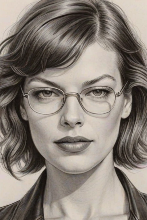 Superb Milla Jovovich, pencil sketch, portrait of Graceful woman 1942s in glasses, hair style beatnik, outline, clear lines, fine lines, 8k