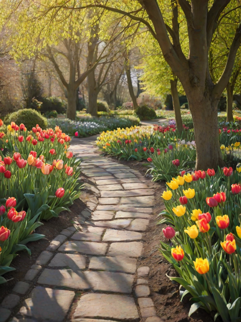 Soft-focus image of a tranquil garden during spring, with vibrant tulips and daffodils blooming, soft sunlight filtering through trees and casting gentle shadows on a winding stone path.
