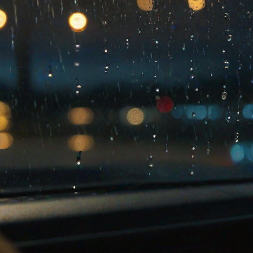 Sharp, detailed close-up of a raindrop rolling down a car window, soft reflections of city lights visible in the background, the sound of raindrops tapping against the glass, and a feeling of quiet contemplation.