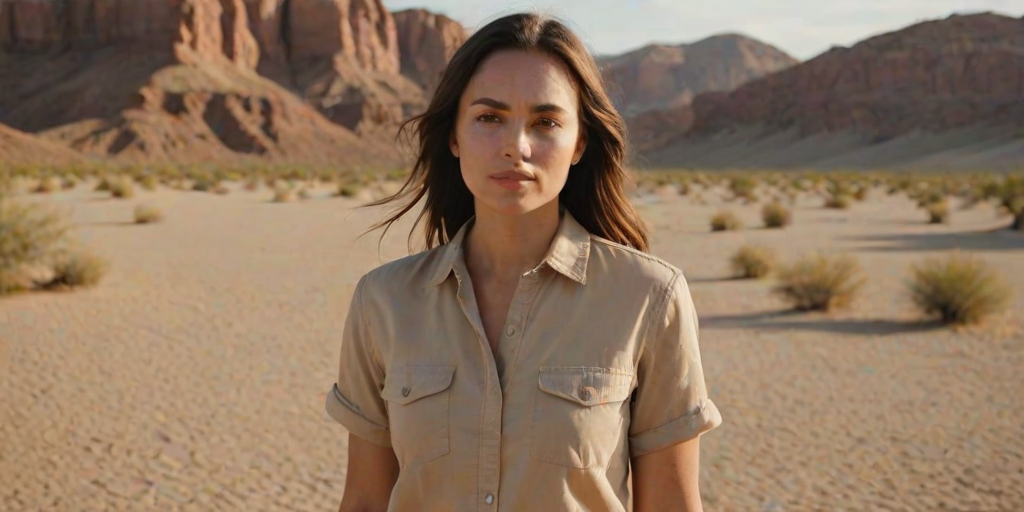 portrait of a Woman, she is posing in the desert wearing a tan shirt